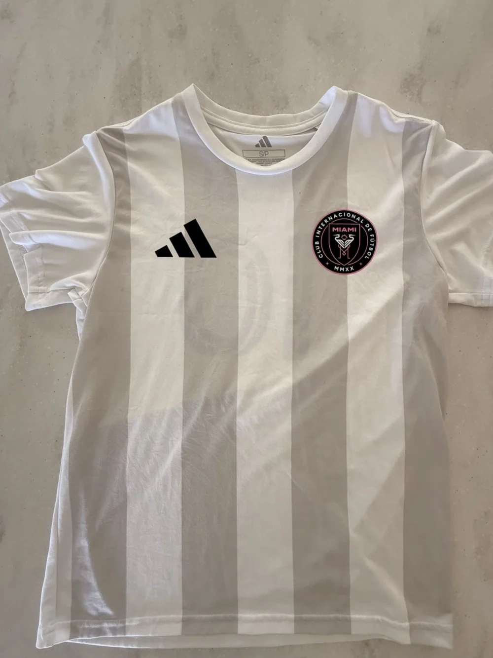 Inter Miami Messie Soccer Jersey - White & Light Gray Striped